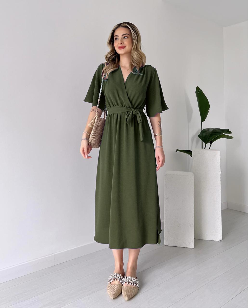 Batwing Sleeve Self Belted Dress