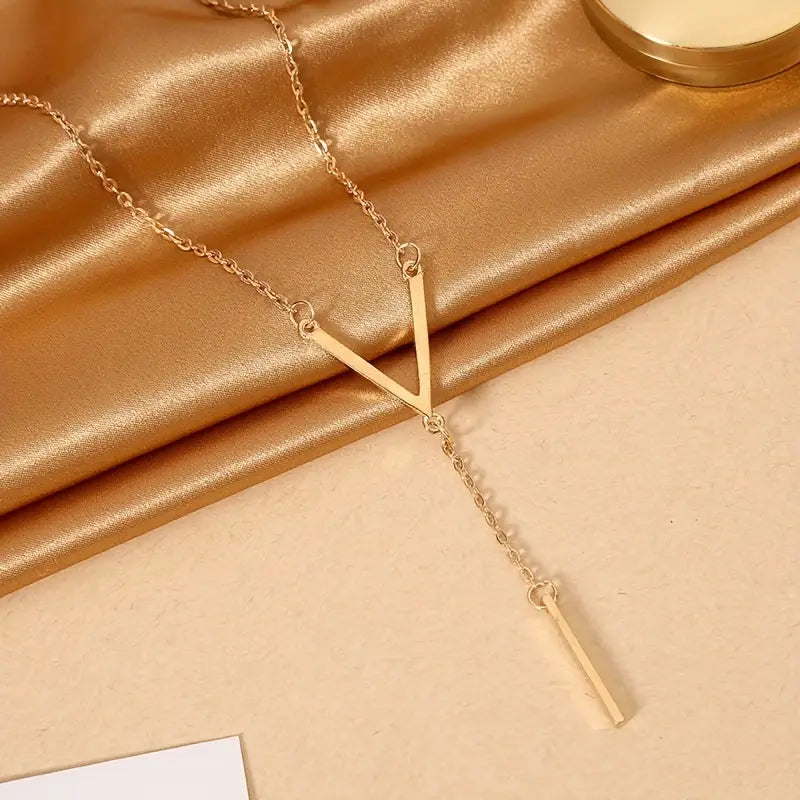 Elegant Golden-Tone Long V-Shaped Pendant Necklace